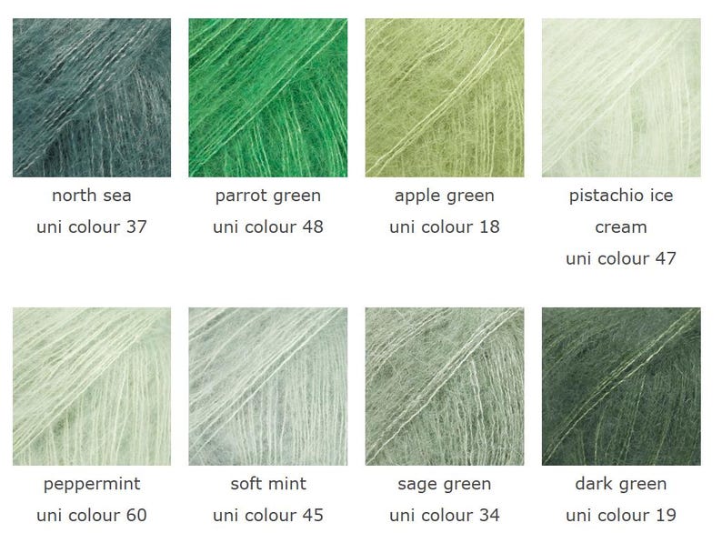 May include: A color palette of eight skeins of yarn in various shades of green. Colors include north sea, parrot green, apple green, pistachio ice cream, peppermint, soft mint, sage green, and dark green. Each color is labeled with its name and uni color number.