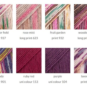 May include: Eight square samples of yarn in various colorways. Top row: lavender field print 927, rose mist long print 623, fruit garden print 932, wooden rose long print 655. Bottom row: candy print 901, ruby red uni colour 113, purple uni colour 104, lavender print 904.
