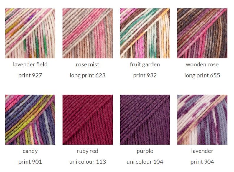 May include: Eight square samples of yarn in various colorways. Top row: lavender field print 927, rose mist long print 623, fruit garden print 932, wooden rose long print 655. Bottom row: candy print 901, ruby red uni colour 113, purple uni colour 104, lavender print 904.