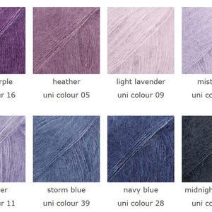 May include: A collection of eight yarn samples in various colors, including dark purple, heather, light lavender, and navy blue. Each sample is labeled with its color name and a corresponding "uni colour" number.