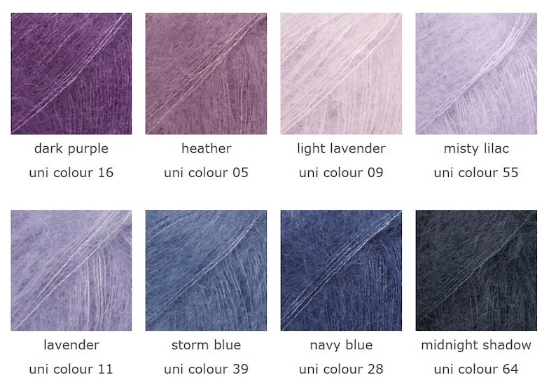 May include: A collection of eight yarn samples in various colors, including dark purple, heather, light lavender, and navy blue. Each sample is labeled with its color name and a corresponding "uni colour" number.