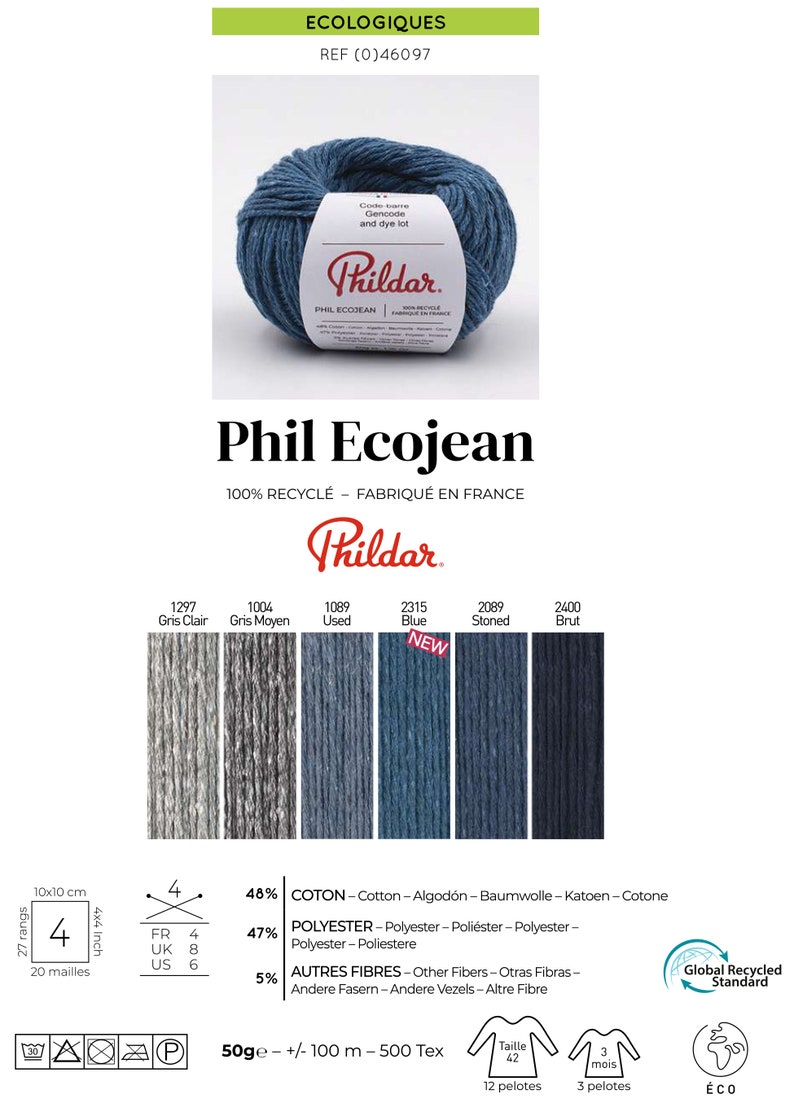 Fil recyclé, fil de coton Phildar ECOJEAN, fil de jeans, fil de laine peignée léger DK, coton doux à tricoter ou au crochet image 4