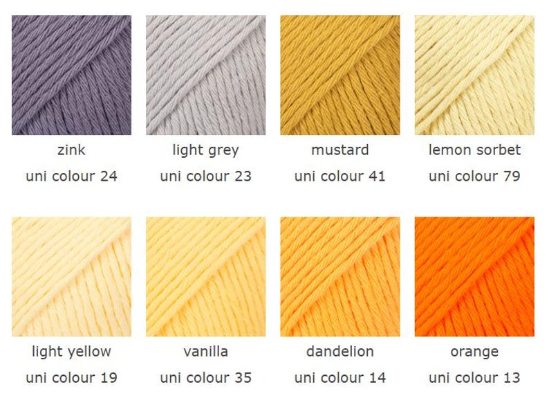 K&ouml;nnte beinhalten: Eine Farbpalette von Garnkn&auml;ueln in verschiedenen Farbt&ouml;nen, darunter Zink, Hellgrau, Senf, Zitronensorbet, Hellgelb, Vanille, L&ouml;wenzahn und Orange. Jede Farbe ist mit ihrem Namen und einer Uni-Farbnummer versehen.