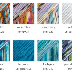 May include: A grid of eight yarn skeins displaying various colorways and textures. The labels include afterglow print 928, country fair print 923, unicorn party print 921, pale sky uni colour 126, blue sea print 162, turquoise uni colour 105, blue lagoon print 340, and green/turquoise print 677.