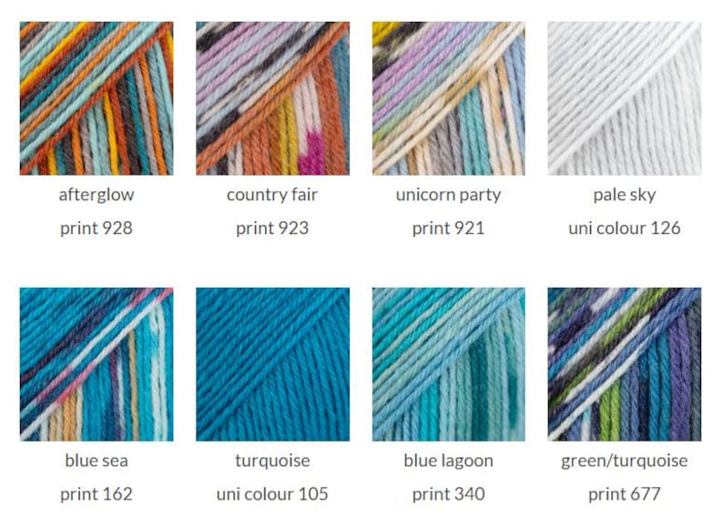 May include: A grid of eight yarn skeins displaying various colorways and textures. The labels include afterglow print 928, country fair print 923, unicorn party print 921, pale sky uni colour 126, blue sea print 162, turquoise uni colour 105, blue lagoon print 340, and green/turquoise print 677.