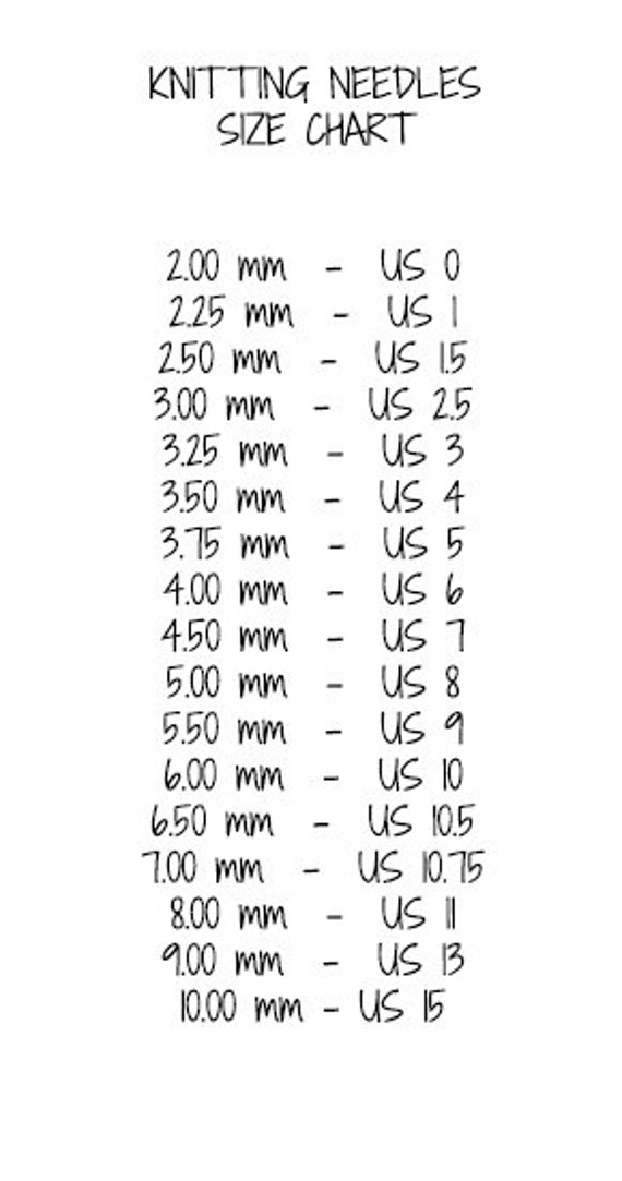 Double Pointed Knitting Needles Size Chart