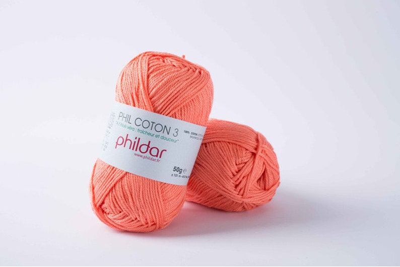 Mercerized cotton crochet yarn with aloe vera PHILDAR COTON 3 50 g 1.76 oz 121 m 132 yards Needle size: 3 3.50 mm Sport weight Corail