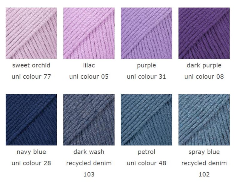 K&ouml;nnte beinhalten: Eine Farbpalette mit Garnproben in verschiedenen Lila- und Blaut&ouml;nen. Die Farben umfassen Sweet Orchid, Flieder, Lila, Dunkellila, Marineblau, Dark Wash, Petrol und Spray Blue. Jede Probe hat einen Farbcode.