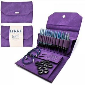 Lykke INDIGO 5'' verwisselbare houten breinaalden set in een VIOLET stoffen etui - maat US4-US17/3,5 mm-12 mm - set verwisselbare naalden