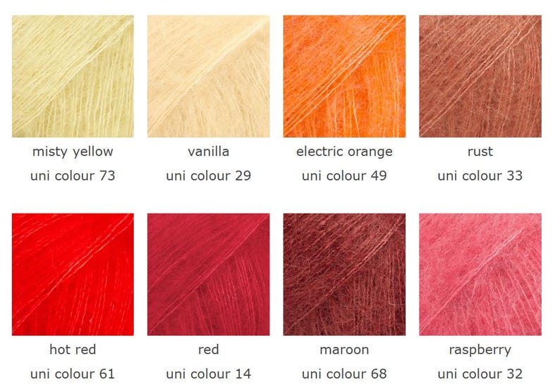 May include: A color palette of eight yarn samples, each in a different shade. Colors include misty yellow, vanilla, electric orange, rust, hot red, red, maroon, and raspberry. Each sample has the color name and uni color number displayed.