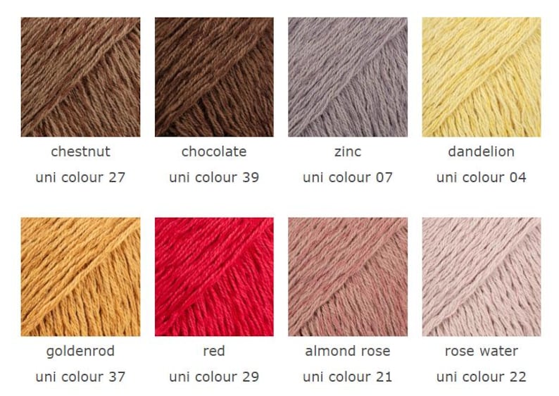 May include: A collection of eight yarn samples in various colors, including chestnut, chocolate, zinc, dandelion, goldenrod, red, almond rose, and rose water. Each sample is labeled with its color name and a unique identifier.