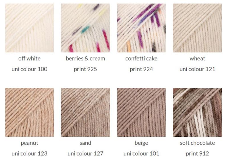 May include: A grid of eight yarn skeins in various neutral and speckled colors. The labels include off white uni colour 100, berries & cream print 925, confetti cake print 924, wheat uni colour 121, peanut uni colour 123, sand uni colour 127, beige uni colour 101, and soft chocolate print 912.