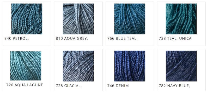May include: A collection of eight skeins of yarn in various shades of blue and teal. Each skein is labeled with a color name and number, including "Petrol," "Aqua Grey," "Blue Teal," "Teal, Unica," "Aqua Lagune," "Glacial," "Denim," and "Navy Blue."
