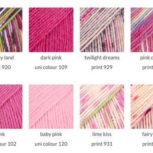 May include: A grid of eight yarn skein samples displaying various textures and colors. The labels include fantasy land print 920, dark pink uni colour 109, twilight dreams print 929, pink dream print 161, pink uni colour 102, baby pink uni colour 120, lime kiss print 931, and fairy dust print 930.