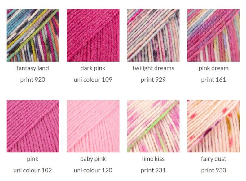 May include: A grid of eight yarn skein samples displaying various textures and colors. The labels include fantasy land print 920, dark pink uni colour 109, twilight dreams print 929, pink dream print 161, pink uni colour 102, baby pink uni colour 120, lime kiss print 931, and fairy dust print 930.