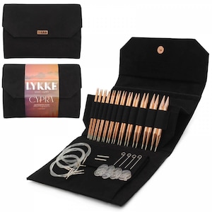 Lykke Cypra 5&#39;&#39; Interchangeable circular knitting needles set a BLACK vegan suede case - Size US 3 - US 15 /3.25mm-10mm - Copper needle set