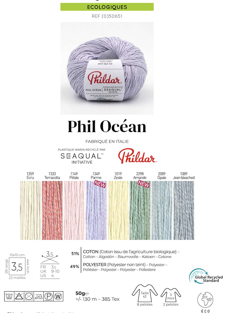 Peut inclure: Une pelote de fil de couleur lilas clair, &eacute;tiquet&eacute;e "Phil Oc&eacute;an", fabriqu&eacute;e &agrave; partir de plastique recycl&eacute; provenant de la mer. Le fil est compos&eacute; de 51% de coton et de 49% de polyester. L'&eacute;tiquette indique &eacute;galement que le fil p&egrave;se 50 grammes et mesure 130 m&egrave;tres de long. Le fil fait partie de l'initiative Seaqual.