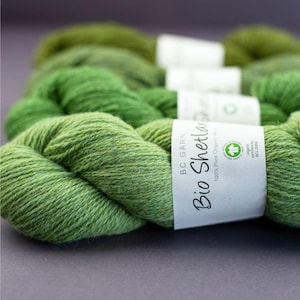May include: Several skeins of green yarn arranged in a row. Each skein features a white paper label with the text BC Garn Bio Shetland 100% Pure Organic Wool and a green organic certification logo. The yarn has a textured, fibrous appearance.
