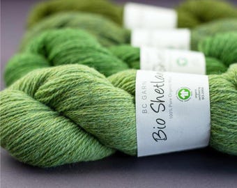 May include: Several skeins of green yarn arranged in a row. Each skein features a white paper label with the text BC Garn Bio Shetland 100% Pure Organic Wool and a green organic certification logo. The yarn has a textured, fibrous appearance.