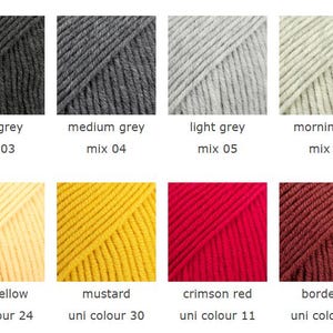 May include: A color palette of yarn skeins in various shades of grey, yellow, red, and burgundy. Each color is labeled with its name and a mix or uni color number. The colors include dark grey, medium grey, light grey, morning fog, light yellow, mustard, crimson red, and bordeaux.