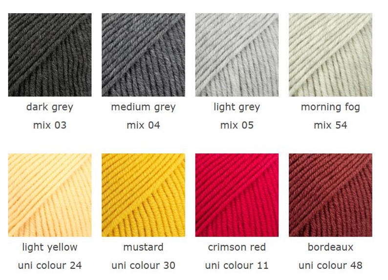 May include: A color palette of yarn skeins in various shades of grey, yellow, red, and burgundy. Each color is labeled with its name and a mix or uni color number. The colors include dark grey, medium grey, light grey, morning fog, light yellow, mustard, crimson red, and bordeaux.