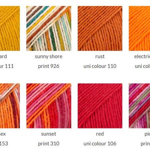 May include: A grid of eight yarn skeins in various colors and patterns. The colors include mustard uni colour 111, sunny shore print 926, rust uni colour 110, electric orange uni colour 119, texmex print 153, sunset print 310, red uni colour 106, and picnic print 911.