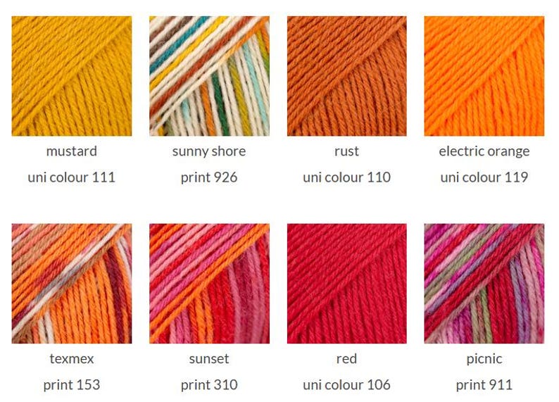 May include: A grid of eight yarn skeins in various colors and patterns. The colors include mustard uni colour 111, sunny shore print 926, rust uni colour 110, electric orange uni colour 119, texmex print 153, sunset print 310, red uni colour 106, and picnic print 911.