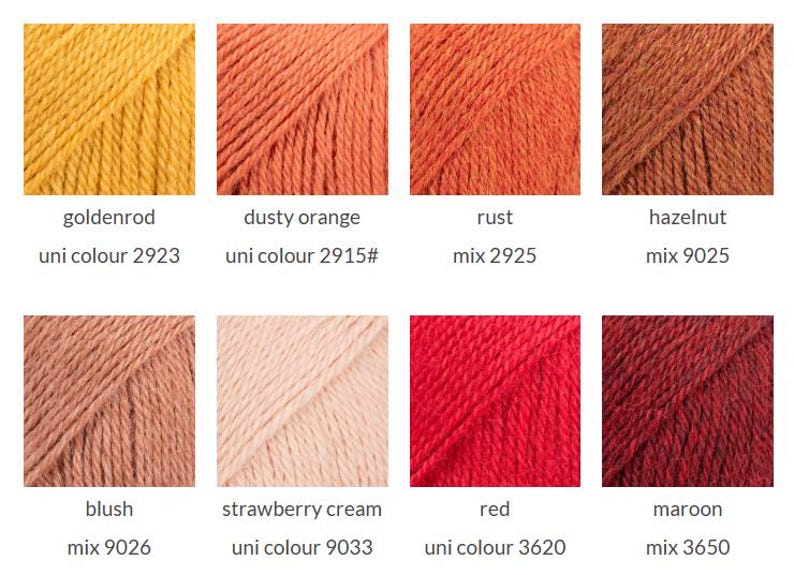 May include: A grid of eight yarn color samples featuring goldenrod, dusty orange, rust, hazelnut, blush, strawberry cream, red, and maroon. Each square displays the color name and specific product code, such as uni colour 2923 or mix 9025.