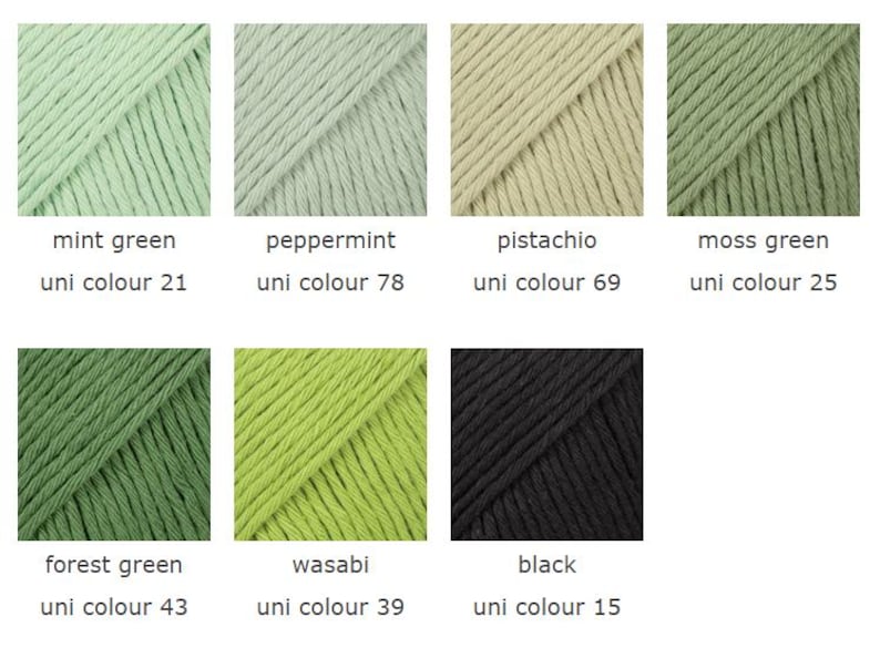 K&ouml;nnte beinhalten: Eine Farbpalette von Garnen in verschiedenen Gr&uuml;n- und Schwarzt&ouml;nen. Die Farben umfassen Mintgr&uuml;n, Pfefferminz, Pistazie, Moosgr&uuml;n, Waldgr&uuml;n, Wasabi und Schwarz. Jede Farbe ist mit ihrem Namen und einer Uni-Farbnummer versehen.