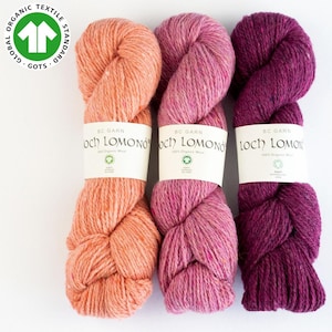 May include: Three skeins of yarn in shades of peach, pink, and burgundy. The yarn is labeled "Loch Lomond" and is 100% organic wool.