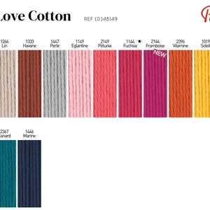 Puede incluir: Una carta de colores de hilo Phil Love Cotton con 12 colores diferentes. Los colores son: Blanc, Lin, Havane, Perle, Eglantine, P&eacute;tunia, Fuchsia, Framboise, Vitamine, Soleil, Jeans, Canard y Marine.