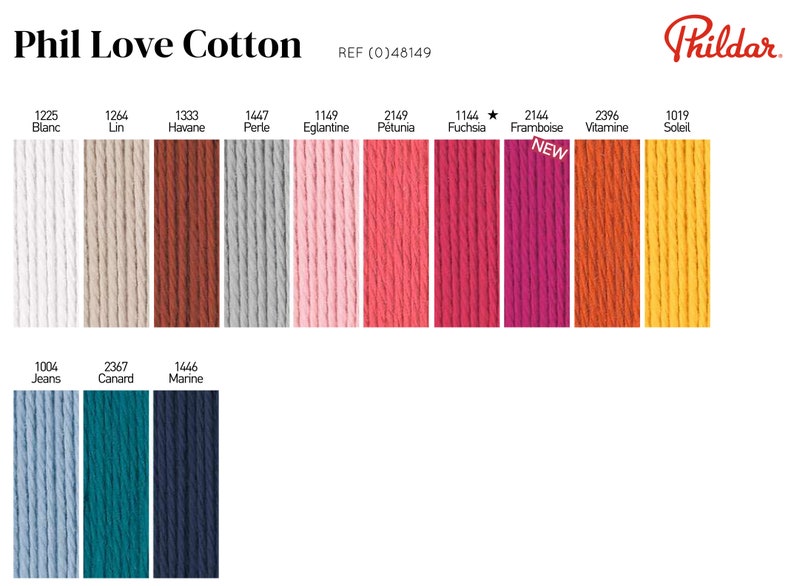 Puede incluir: Una carta de colores de hilo Phil Love Cotton con 12 colores diferentes. Los colores son: Blanc, Lin, Havane, Perle, Eglantine, P&eacute;tunia, Fuchsia, Framboise, Vitamine, Soleil, Jeans, Canard y Marine.