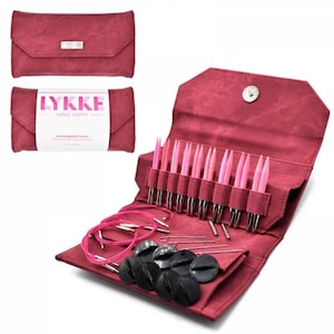 Lykke BLUSH 3,5 polegadas Agulhas de tricô de madeira intercambiáveis definidas em uma caixa de tecido CRIMSON - Tamanho US3 - US10,5 (Tamanho 3,25 mm - 6,5 mm)