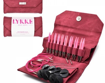 Lykke BLUSH 3.5 inch Interchangeable knitting wooden needles set in a CRIMSON fabric case - Size US3 - US10.5 (Size 3.25 mm - 6.5 mm)