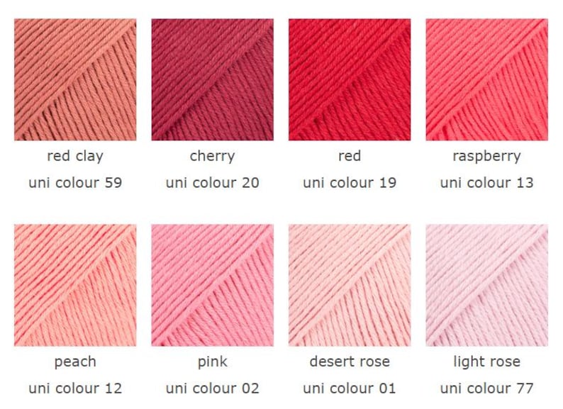 May include: A color palette of eight yarn samples in shades of red, pink, and peach. Each sample is labeled with a color name and a uni color number. Colors include red clay, cherry, red, raspberry, peach, pink, desert rose, and light rose.