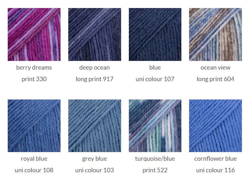 May include: A collection of eight yarn samples displayed in a grid. The colors include berry dreams print 330, deep ocean long print 917, blue uni colour 107, ocean view long print 604, royal blue uni colour 108, grey blue uni colour 103, turquoise/blue print 522, and cornflower blue uni colour 116.