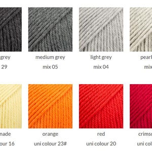 May include: A grid of eight yarn samples in various colors labeled with names and codes: dark grey mix 29, medium grey mix 05, light grey mix 04, pearl grey mix 27, lemonade uni colour 16, orange uni colour 23#, red uni colour 20, and crimson red uni colour 21.
