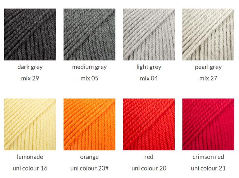 May include: A grid of eight yarn samples in various colors labeled with names and codes: dark grey mix 29, medium grey mix 05, light grey mix 04, pearl grey mix 27, lemonade uni colour 16, orange uni colour 23#, red uni colour 20, and crimson red uni colour 21.