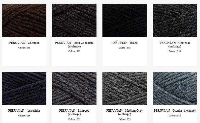 Op de afbeelding: Een raster van acht strengen Peruaans garen in diverse donkere tinten. De kleuren zijn Chestnut 241, Dark Chocolate 975, Black 102, Charcoal 956, Antrachite 219, Limpopo 833, Medium Grey 955 en Granite 812, elk voorzien van naam en kleurcode.