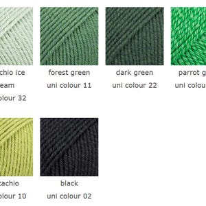 Puede incluir: Una colecci&oacute;n de seis muestras de ovillos de lana en varios colores: pistachio ice cream uni colour 32, forest green uni colour 11, dark green uni colour 22, parrot green uni colour 37, pistachio uni colour 10 y black uni colour 02.