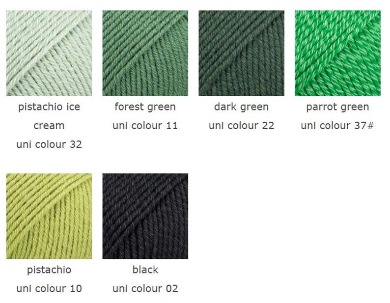 Puede incluir: Una colecci&oacute;n de seis muestras de ovillos de lana en varios colores: pistachio ice cream uni colour 32, forest green uni colour 11, dark green uni colour 22, parrot green uni colour 37, pistachio uni colour 10 y black uni colour 02.