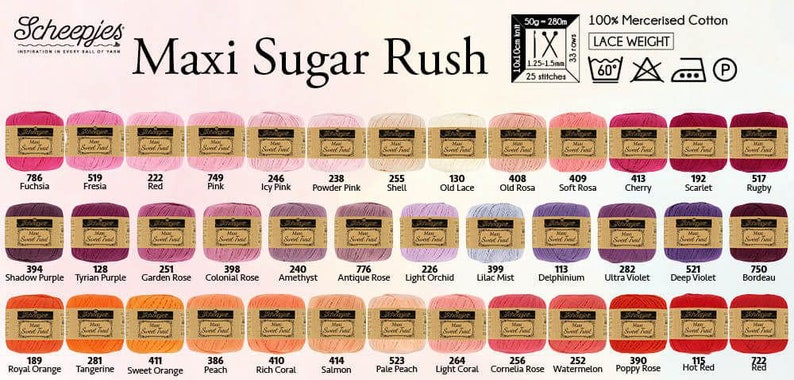 Puede incluir: Una carta de colores de 36 tonos diferentes de hilo de la l&iacute;nea Maxi Sugar Rush de Scheepjes. El hilo es 100% algod&oacute;n mercerizado y es de peso encaje. El hilo est&aacute; disponible en una variedad de colores, incluyendo rosa, morado, rojo, naranja y amarillo.