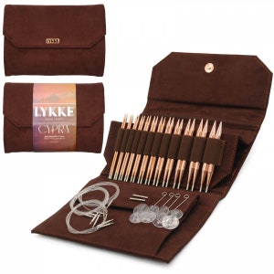 Lykke Cypra 5&#39;&#39; Interchangeable circular knitting needles set a brown vegan suede bag - Size US 3 - US 15 /3.25mm-10mm - Copper needle set