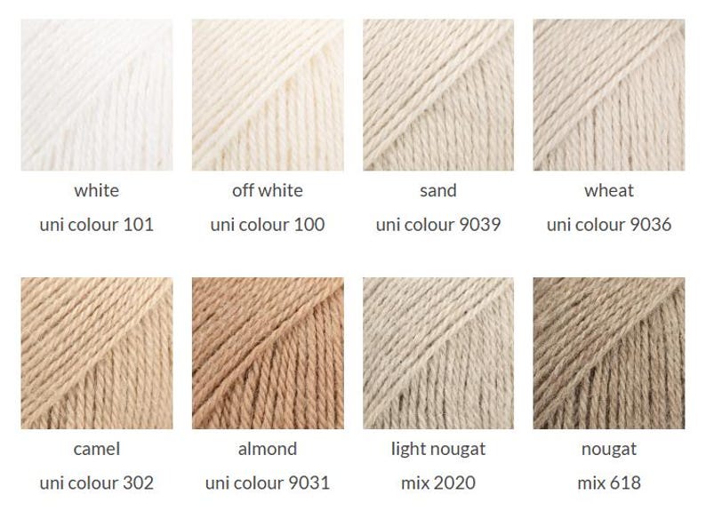 May include: A grid of eight yarn samples in neutral shades. The colors are labeled as white 101, off white 100, sand 9039, wheat 9036, camel 302, almond 9031, light nougat 2020, and nougat 618, displaying various textures and tones of beige.