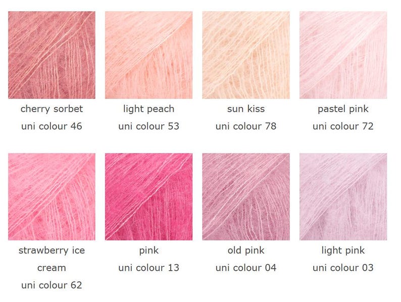 May include: A collection of eight yarn samples in various shades of pink, peach, and cream. Each sample is labeled with a color name and a "uni colour" number. Colors include "cherry sorbet," "light peach," and "sun kiss."
