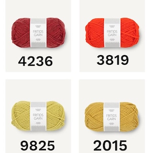 May include: Four skeins of Sandnes Garn Fritids Garn yarn in red, orange, light green, and mustard yellow. Each skein features a white paper label with the text Sandnes Garn Fritids Garn and a corresponding color code: 4236, 3819, 9825, and 2015.
