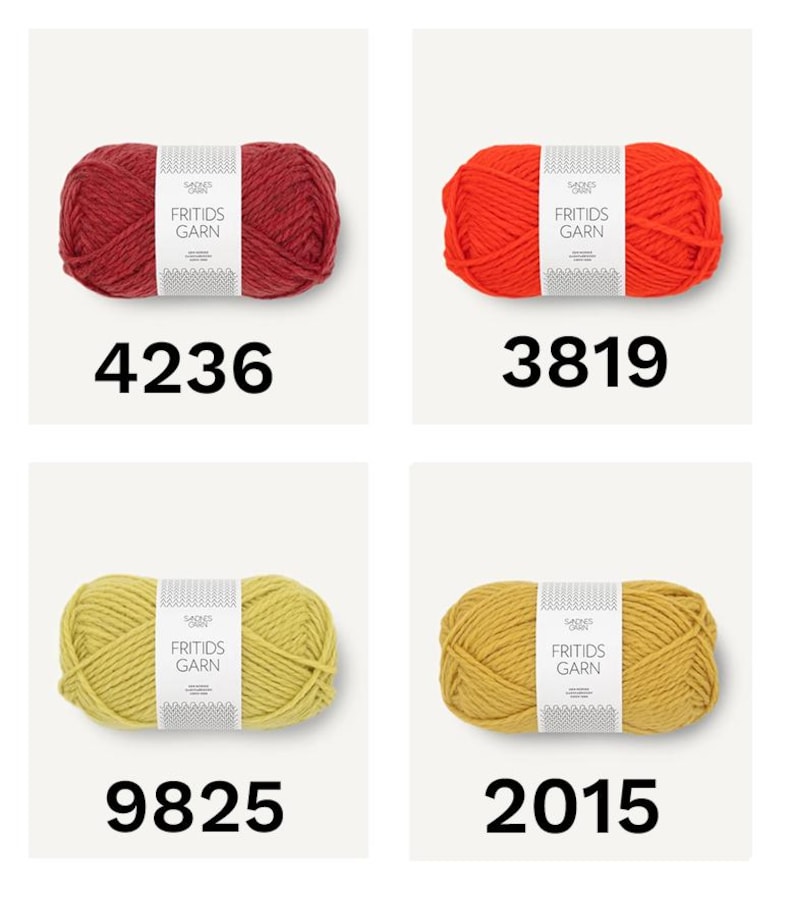 May include: Four skeins of Sandnes Garn Fritids Garn yarn in red, orange, light green, and mustard yellow. Each skein features a white paper label with the text Sandnes Garn Fritids Garn and a corresponding color code: 4236, 3819, 9825, and 2015.