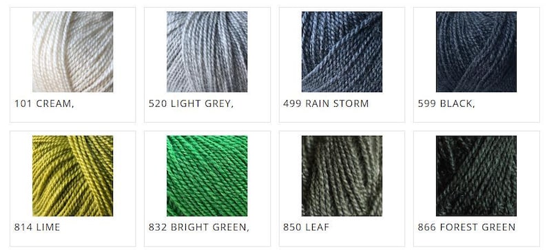 May include: A collection of eight yarn skeins in various colors. The colors include cream, light grey, rain storm, black, lime, bright green, leaf, and forest green. Each skein is labeled with a number and color name.