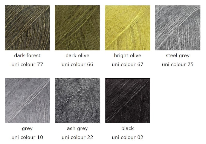 May include: A collection of eight yarn samples in various colors. Colors include dark forest, dark olive, bright olive, steel grey, grey, ash grey, and black. Each sample has the color name and uni color number printed below.