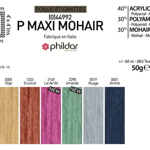 May include: P Maxi Mohair yarn in various colors, including cream, beige, gold, and pink. The label shows the yarn composition, weight (50g), and knitting gauge. Made in Italy.